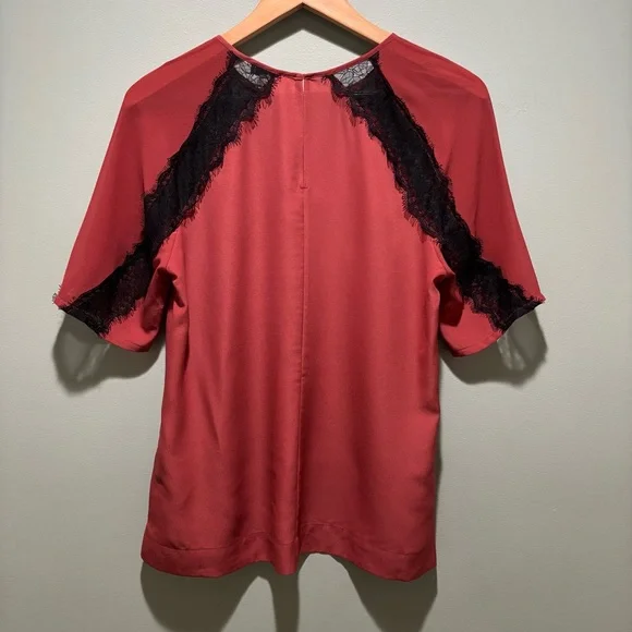Reiss Lace Inset Rust Ariel Top sz 8 Satin Feminine Fall Office Dainty Raglan - Picture 9 of 9